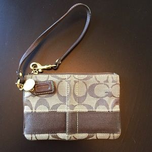 Coach brown leather and fabric wristlet