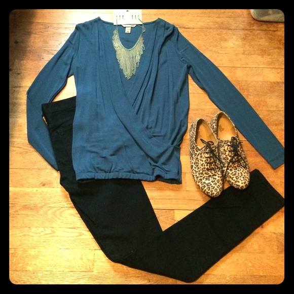 H&M Trend blue deep v neck sexy blouse