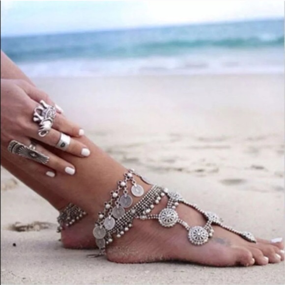 Bohemian Tassel Coin Silver Boho Anklet / Bracelet - Picture 2 of 4