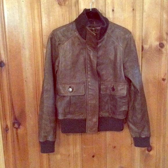 Brown leather bomber jacket