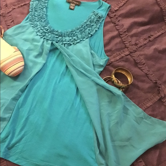 Ruffled neckline sheer overlay sleeveless top