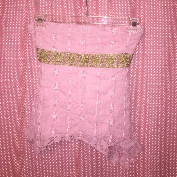 Strapless Lacy Pink Blouse with Ribbon Tie