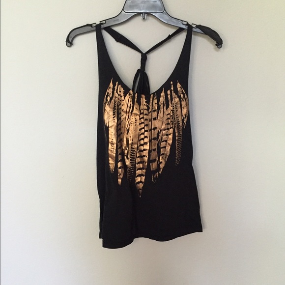 Black Tank Top with Gold Feather Design