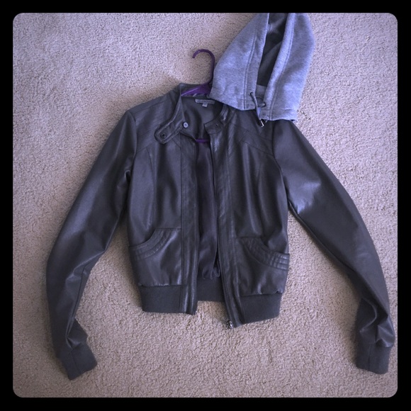 Gray Leather Jacket with removable hood.