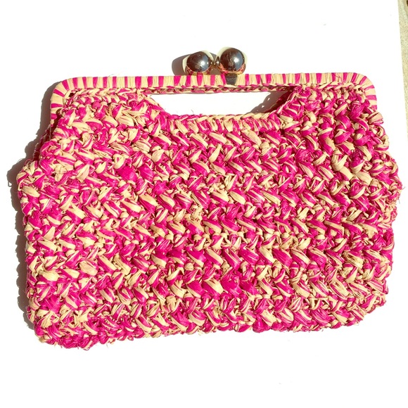 TRINA TURK Large Pink and Tan woven Clutch.