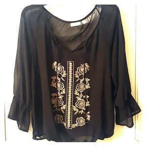 NY&C Sheer Black Embroidered Blouse