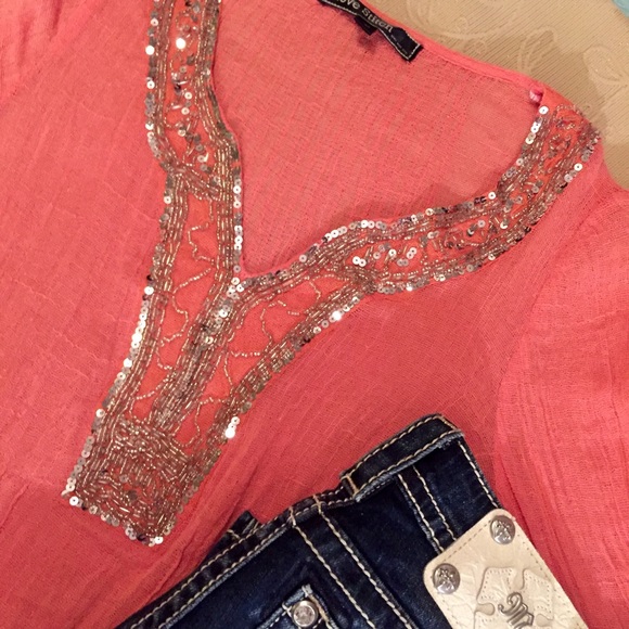 Love Stitch Tops - Sparkling Embellished Stretchy Gauze Tunic Love Stitch Tops - Sparkling Embellished Stretchy Gauze Tunic