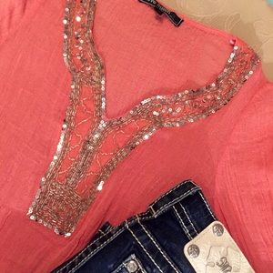 Love Stitch Tops - Sparkling Embellished Stretchy Gauze Tunic Love Stitch Tops - Sparkling Embellished Stretchy Gauze Tunic