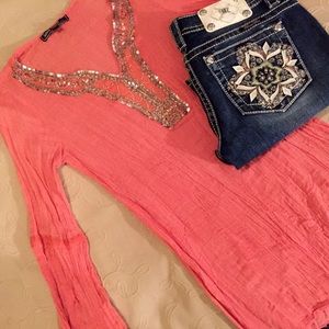 Love Stitch Tops - Sparkling Embellished Stretchy Gauze Tunic Love Stitch Tops - Sparkling Embellished Stretchy Gauze Tunic