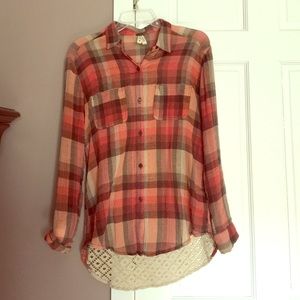 Free People lace-back Plaid Button Down Shirt-xs
