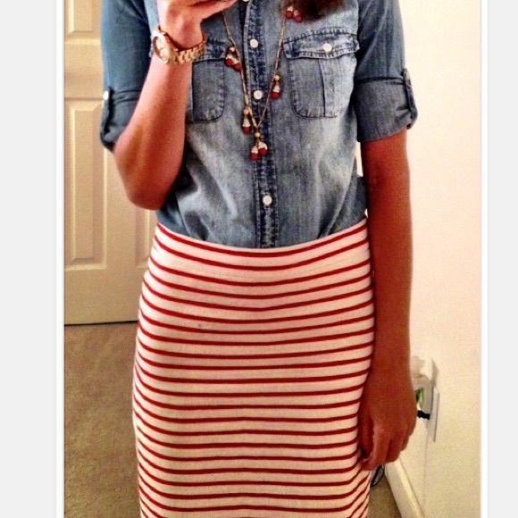 JCrew No. 2 Pencil Skirt in red-orange stripe.