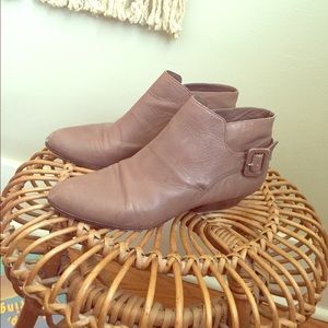 Tan ankle boots booties with buckle wedge heel