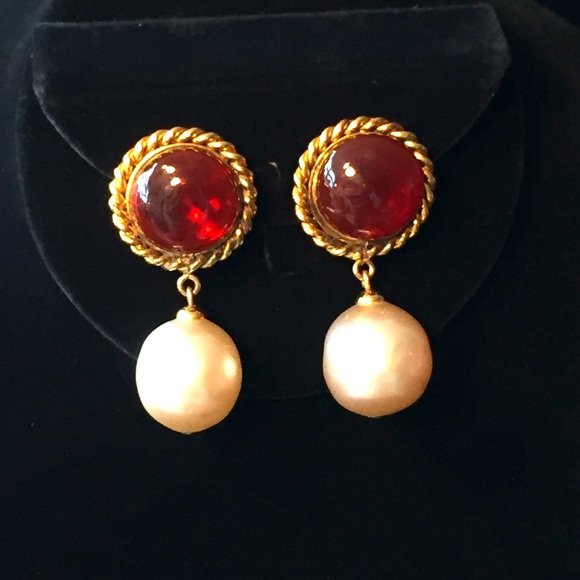 Chanel 1980s Red Glass Cab & Pearl Drop Earrings
