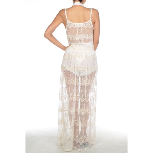 Boho Cream lace sheer maxi dress coverup - Picture 2 of 4