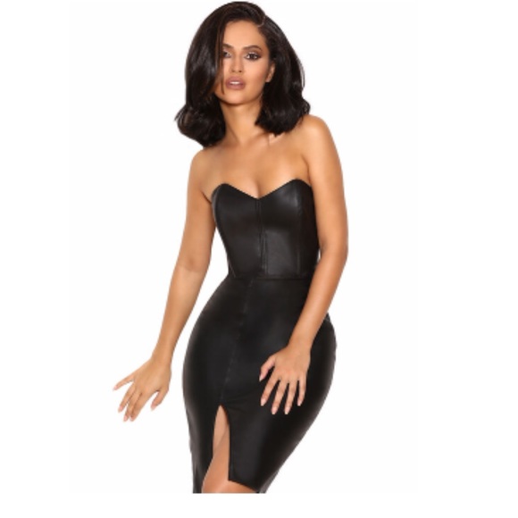 BLACK VEGAN LEATHER STRAPLESS DRESS HOUSE OF CB