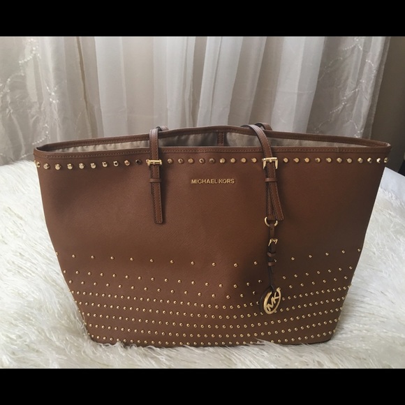 Michael Kors Handbags - Large Jet Set Gold Studded Tote bag