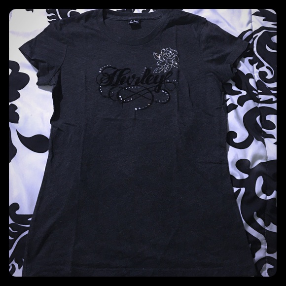 Dark Gray Hurley T-Shirt w/Rhinestone Rose
