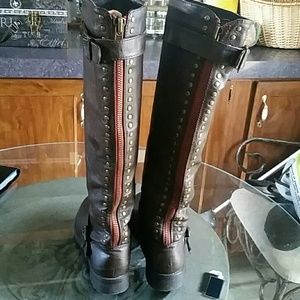 Brown with red zipper back riding boots