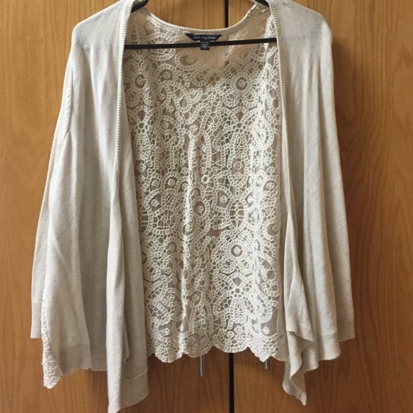 Off colored cream cardigan with lace crochet back