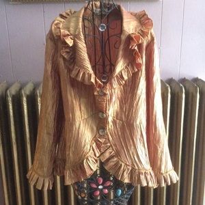 PRETTY ANGEL GOLD CRUSH RUFFLED JACKET BLOUSE SZ L