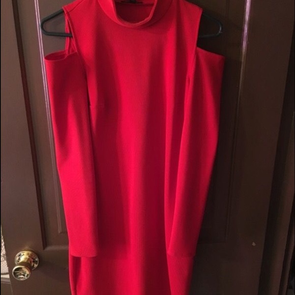 Red shoulder cut out dress from express