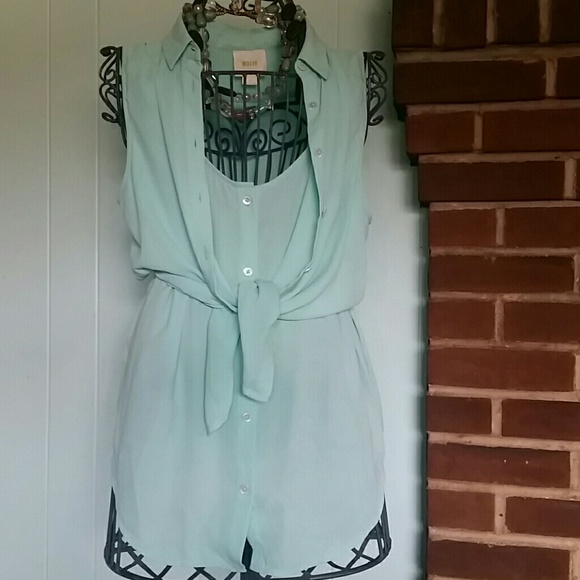 NWOT Faded Cyan Layered Button Down Sleeveless Top - Picture 2 of 8