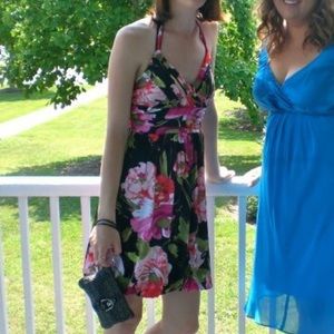 Pink and black dress. Floral. Halter. Size small.