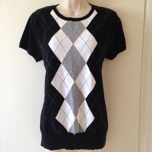 Dark Navy Blue Argyle Short Sleeve Sweater Top