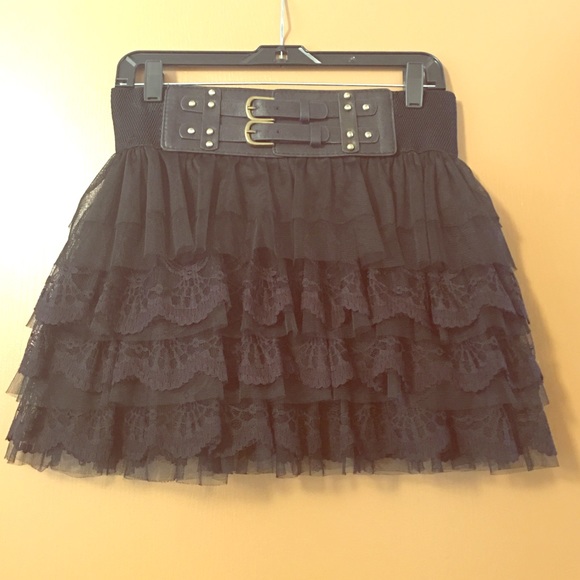 Black Ruffled Lace Mini Skater Skirt with Belt