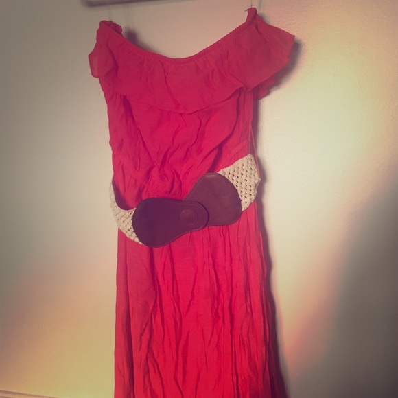 Coral strapless maxi dress with belt, size Large.