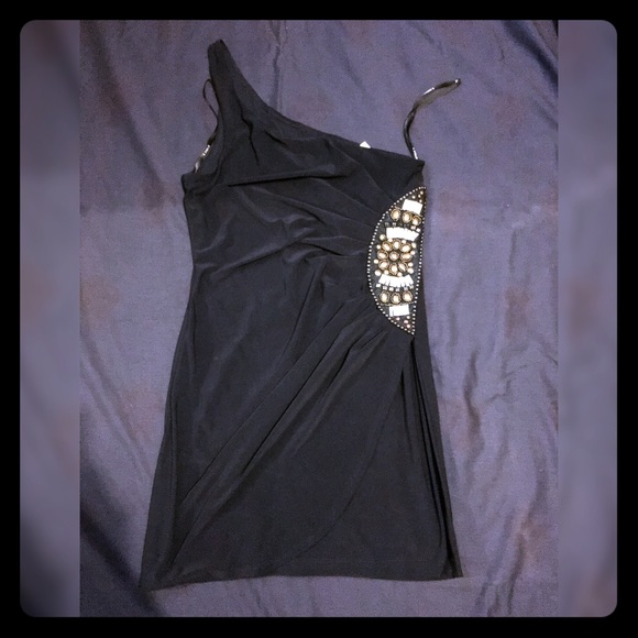 Navy One Shoulder Dress w/ Gold & Silver Accents