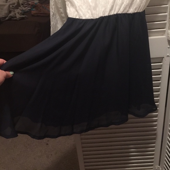 Dress with white top and lace sleeves. navy skirt - Picture 4 of 4