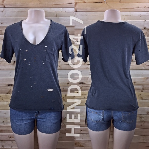 FREE PEOPLE SHREDDED DESTROYED TOMMY TEE WASHD BLK - Picture 2 of 4