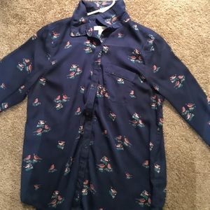 Navy blue polyester button down with birds.