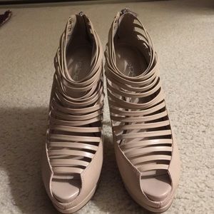 Bebe tan 6 inch peep toe heels