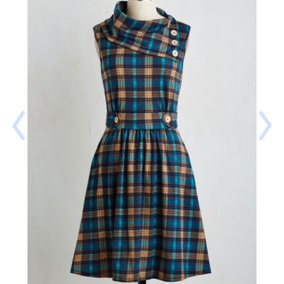 Modcloth coach tour dress in teal plaid
