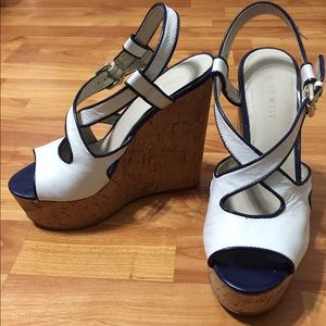 Nine West white wedges, navy blue trim, size 6.5