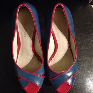 Blue and Red Peep-Toe Pumps