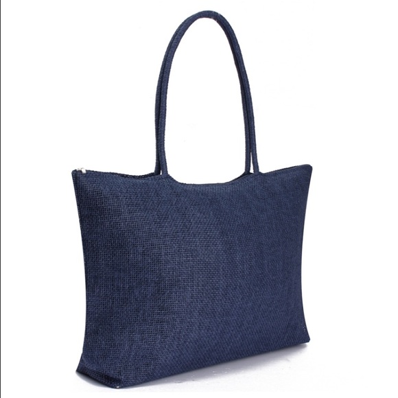 Handbags - Navy Blue Straw Beach Bag