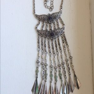 Long boho pendant necklace silver tone