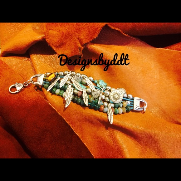 Jewelry - Bracelet silver and turquoise,jasper,feathers NEW