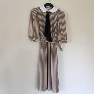 Vintage petite collar and tie beige striped dress