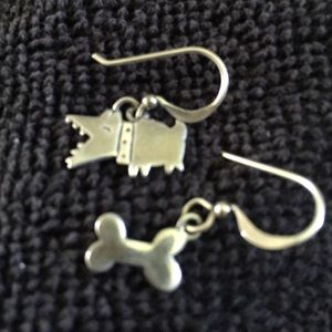 Silver Dog and Bone Pierced Earrings