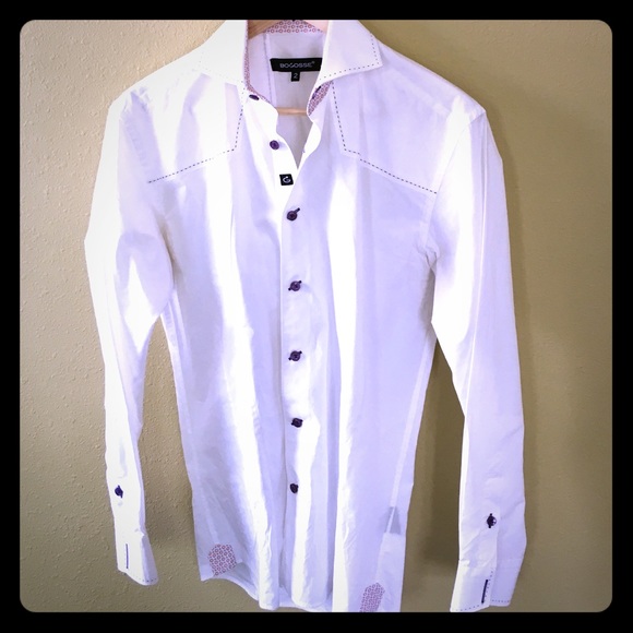 Bogosse white with purple stitching French cuff