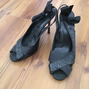 Sequined peep toe heels with bow