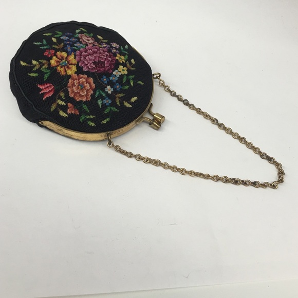 Antique needlepoint floral wristlet purse rare