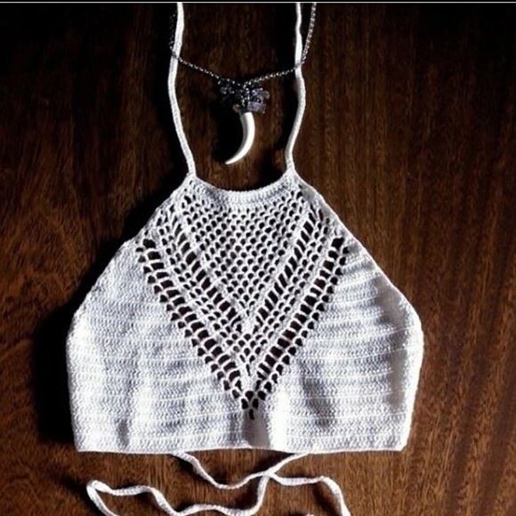 White Crochet Knit Halter Festival Boho Bralette - Picture 5 of 5