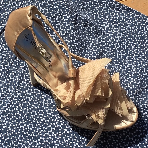Wild diva champagne colored heels with ruffles