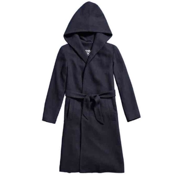Belted navy blue coat with hood