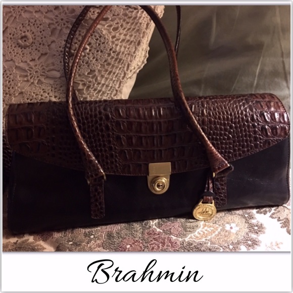 Brahmin Brown Croc & Black Leather Locking Satchel